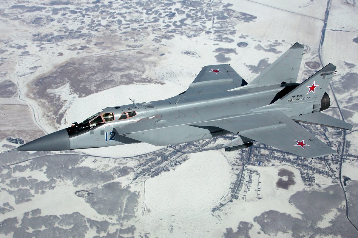 Russian Air Force MiG-31 Foxhound on the ground showing its large airframe and twin vertical stabilizers