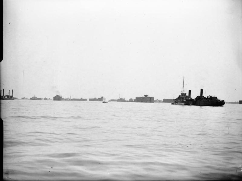 Mulberry harbour components during the Allied invasion of Normandy in June 1944