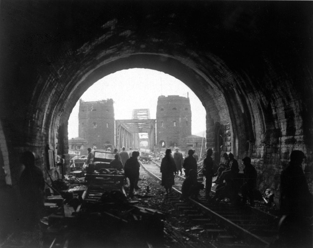 The Ludendorff Bridge at Remagen after its capture by U.S. forces in March 1945, showing damage from failed demolition attempts
