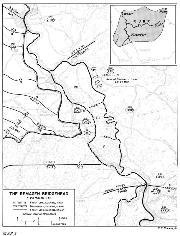 Military map showing the Remagen bridgehead established by the U.S. First Army in March 1945