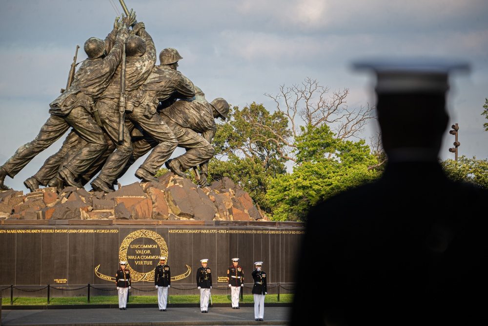 The Marine Corps War Memorial (Iwo Jima Memorial) at sunset near Arlington National Cemetery