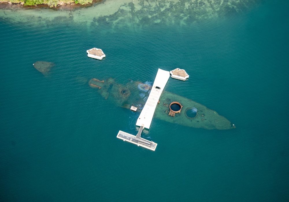 Aerial view of the USS Arizona Memorial at Pearl Harbor, Hawaii