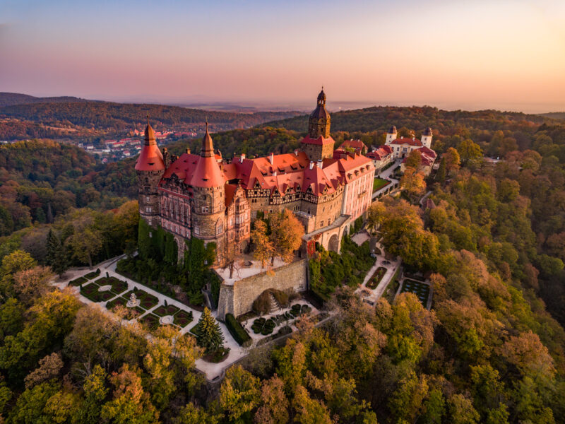 Aerial view of Książ Castle in Wałbrzych, Poland