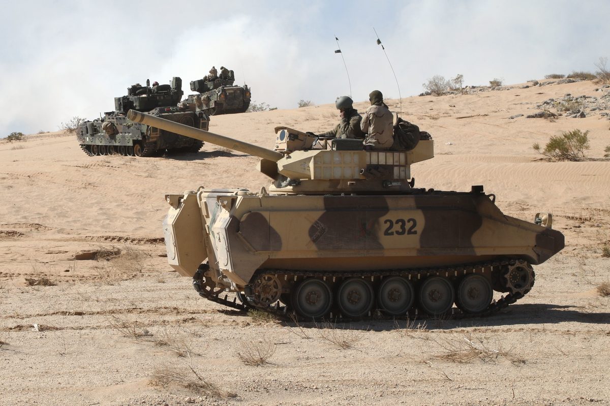 Soldiers of the 11th Armored Cavalry Regiment acting as the opposing force engage simulated enemy targets during a Decisive Action Rotation at Fort Irwin