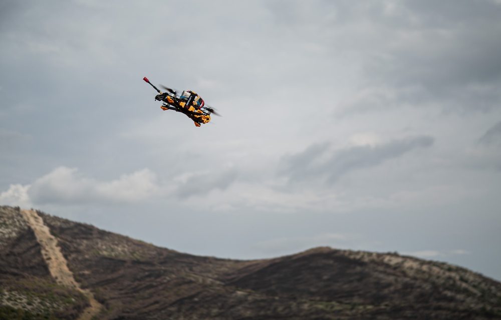 A first-person view drone in flight during a Special Forces exercise near Nea Peramos, Greece