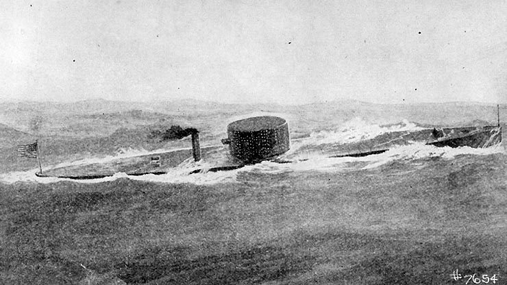 Drawing of USS Monitor at sea, showing the revolutionary ironclad's low-profile design with its distinctive rotating gun turret