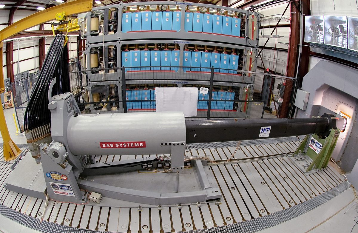 Diagram showing the electromagnetic railgun operating principle with parallel rails, armature, and current flow creating Lorentz force