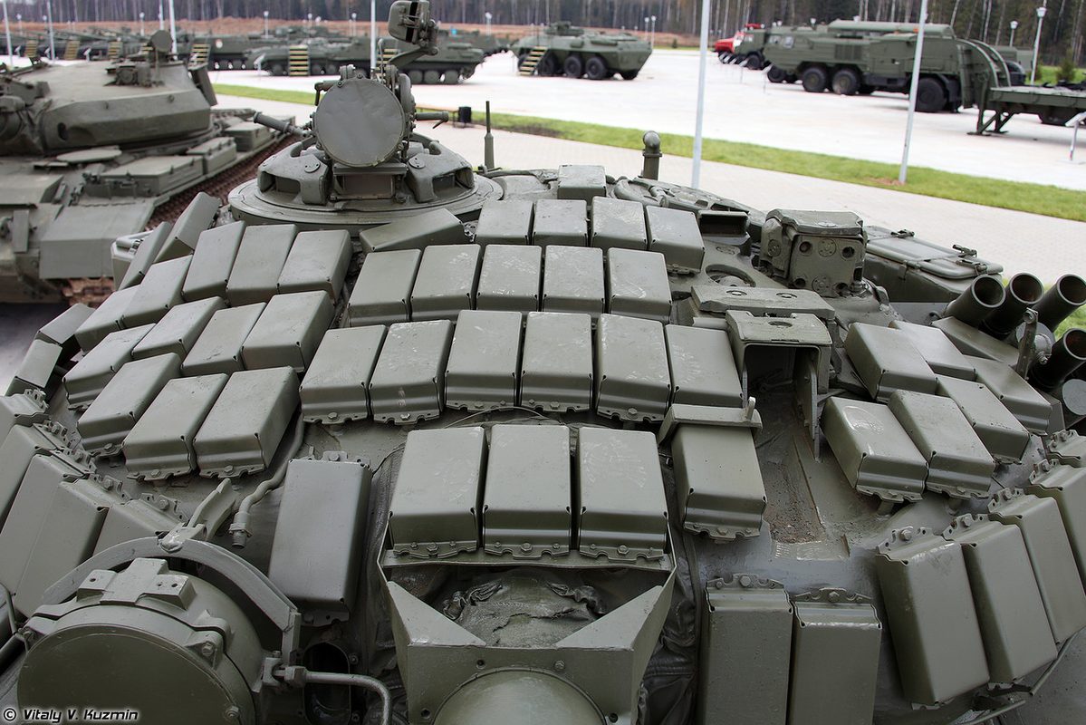 T-72B1 main battle tank with explosive reactive armor blocks covering the turret and hull front