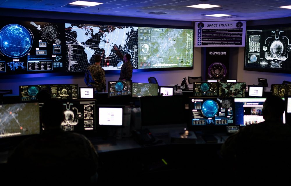 U.S. Space Force Guardians monitoring satellite operations at the USSPACECOM Joint Operations Center