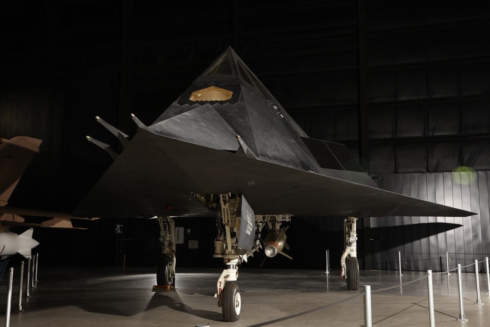 Lockheed F-117A Nighthawk stealth aircraft on display showing its distinctive angular faceted design