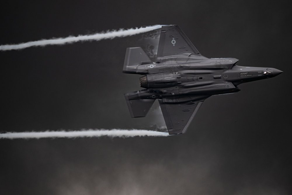F-35A Lightning II performing aerial maneuvers during a demonstration flight over Dover Air Force Base