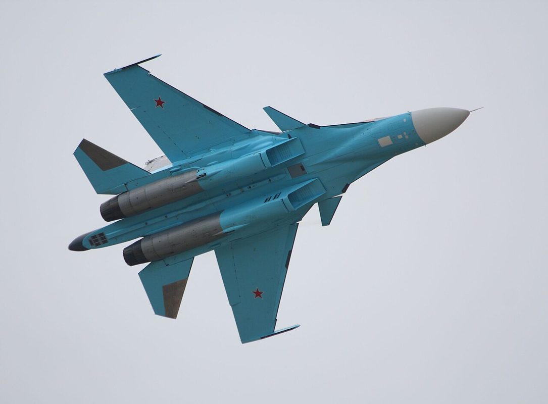 Sukhoi Su-34 Fullback fighter-bomber on display at MAKS-2013 air show showing its distinctive side-by-side cockpit