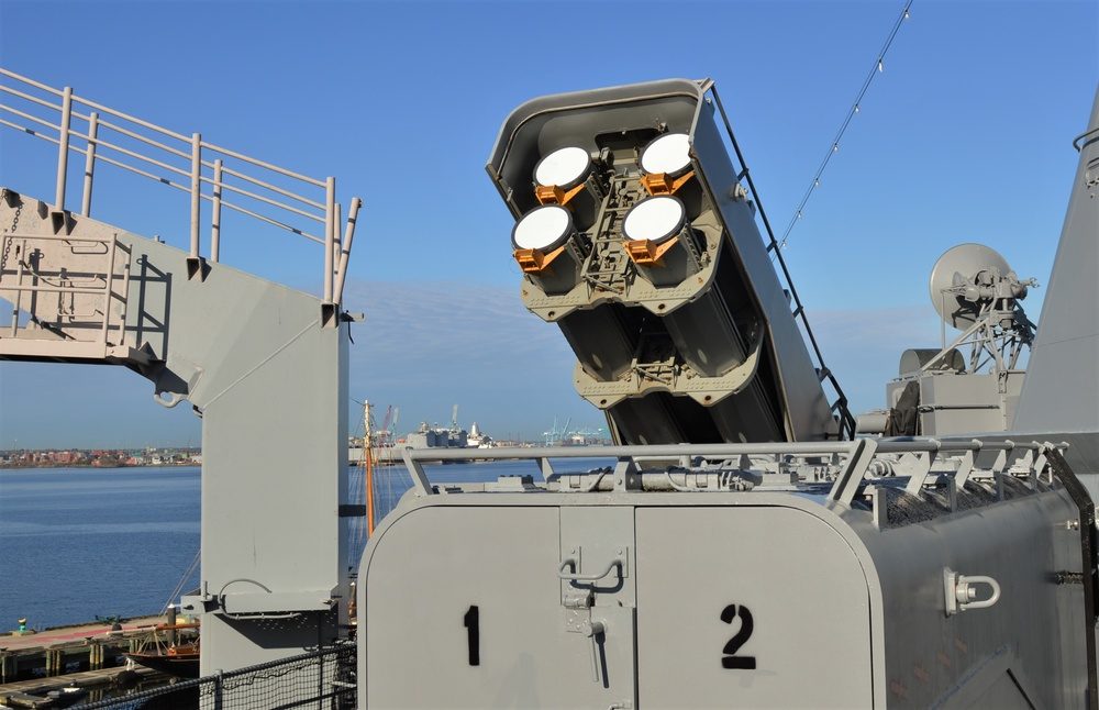 Tomahawk Armored Box Launcher on a battleship showing four missile launch caps