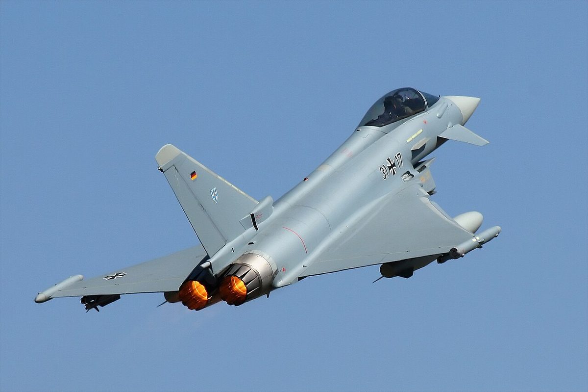 German Luftwaffe Eurofighter Typhoon in flight with afterburners engaged