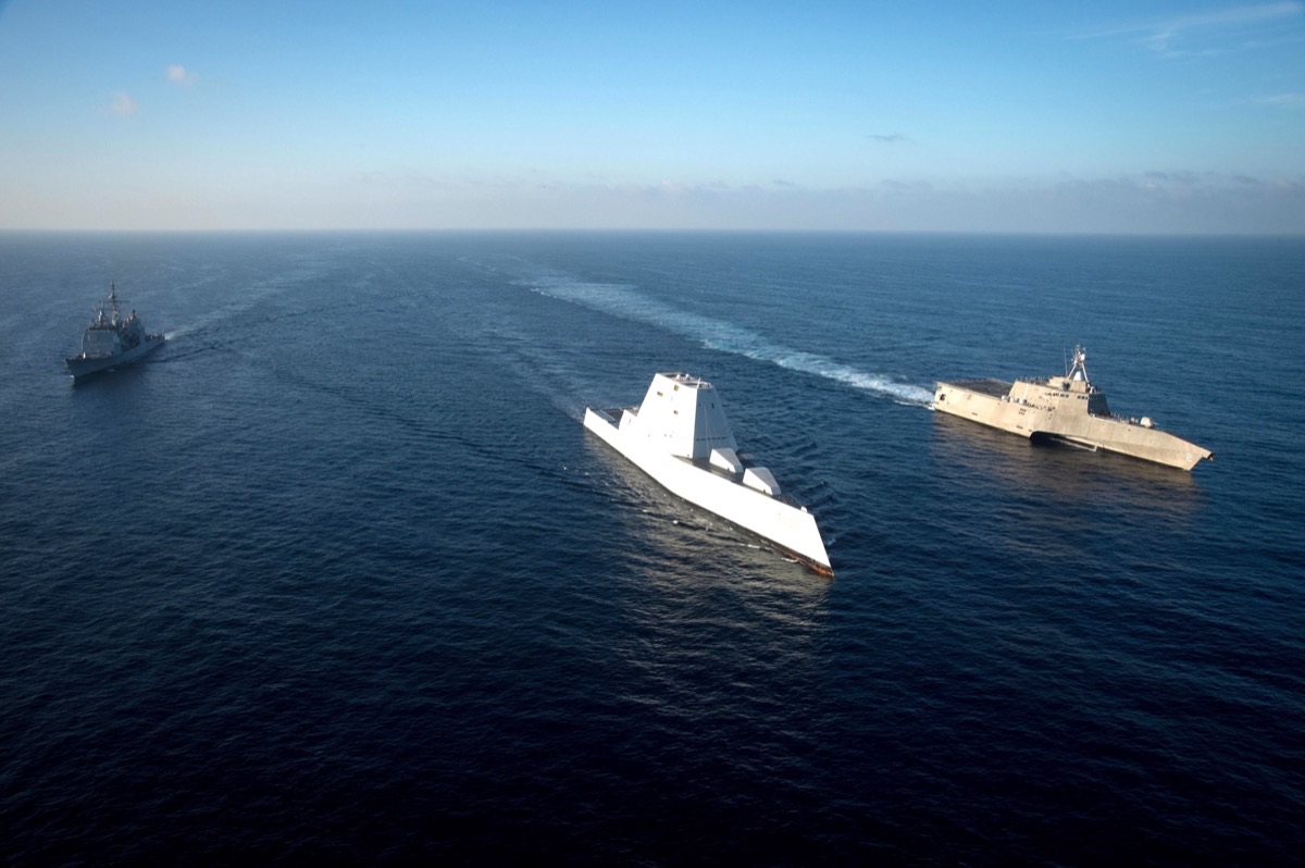 Close-up of the Zumwalt's forward gun housing showing the stealthy enclosure for the 155mm Advanced Gun System