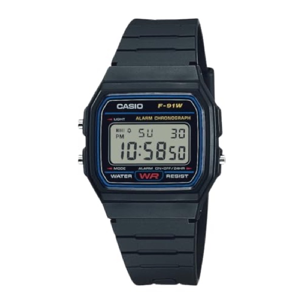 Casio F-91W classic black digital watch with resin strap