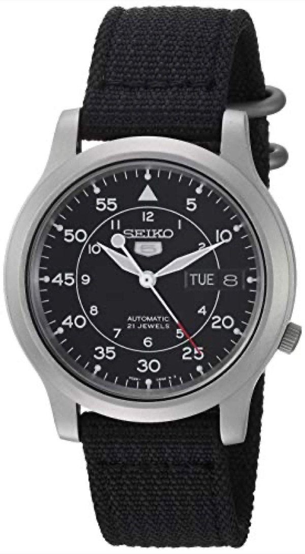 Seiko 5 SNK809 automatic field watch with black canvas strap and pilot-style dial