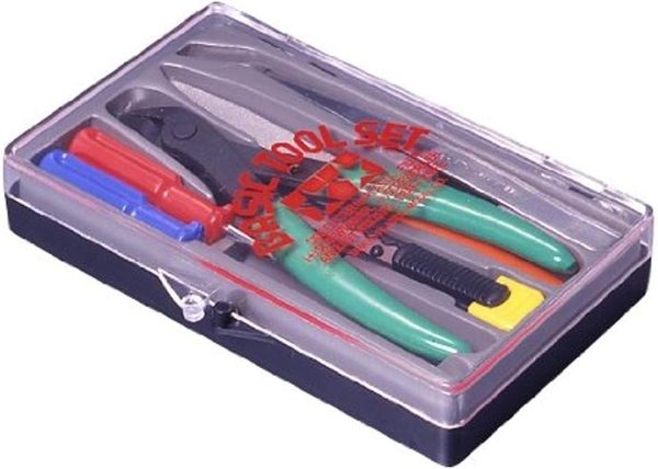Tamiya Basic Tool Set with side cutters, hobby knife, tweezers, and file