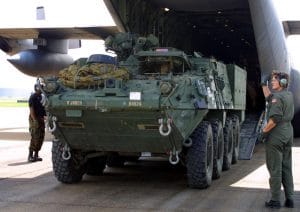 Stryker unloading from C-130
