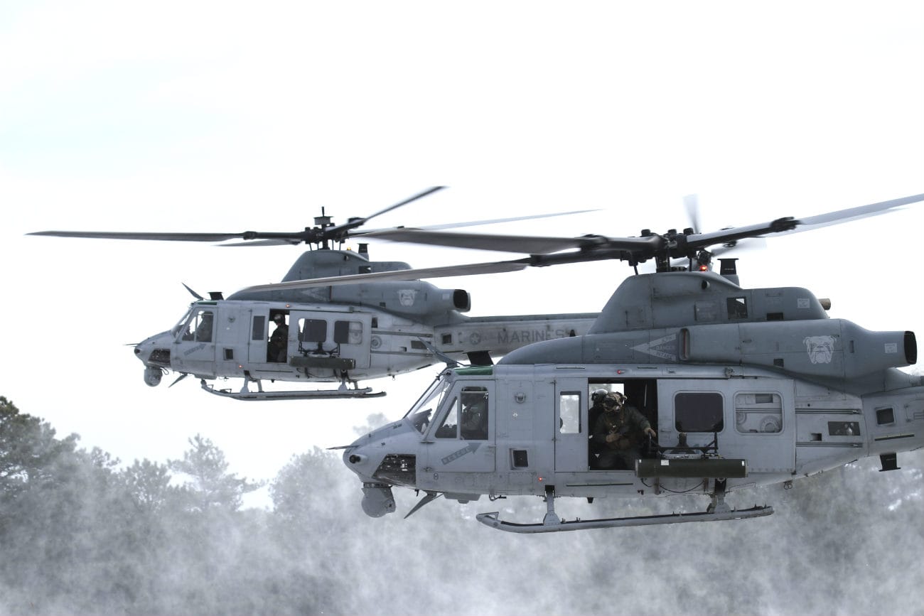 UH-1 Huey helicopters in snowy conditions