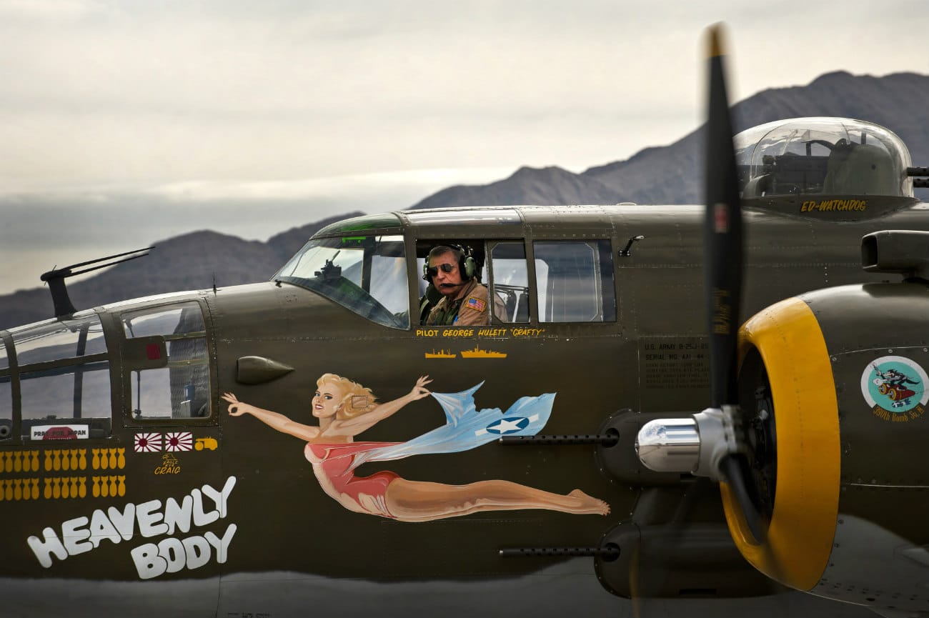 B-25 Mitchell taxis out of the Nellis Air Force Base flightline