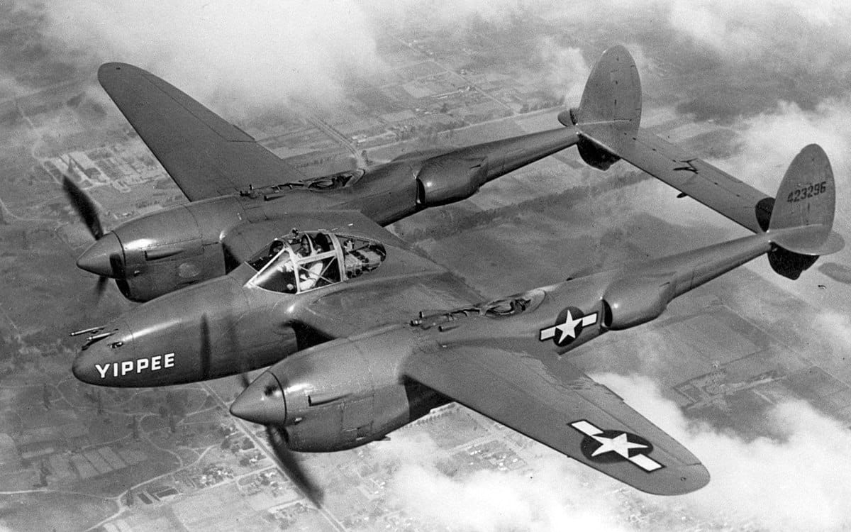 P-38 Lightning twin-boom fighter in flight